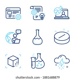Science icons set. Included icon as Thunderstorm weather, Augmented reality, Chemistry lab signs. Web settings, Chemistry flask, Medical tablet symbols. Cogwheel line icons. Line icons set. Vector