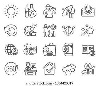 Science icons set. Included icon as Sunny weather, Recovery data, Employees wealth signs. Medical mask, Career ladder, Augmented reality symbols. International recruitment, Rainy weather. Vector