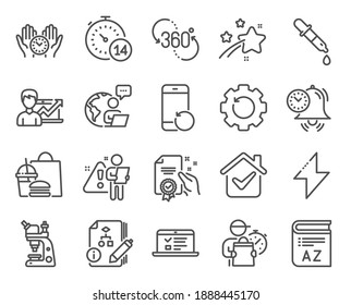 Science icons set. Included icon as Energy, Success business, 360 degree signs. Quarantine, Time management, Recovery phone symbols. Recovery gear, Chemistry pipette, Certificate. Vector