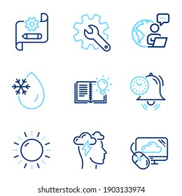 Science icons set. Included icon as Mindfulness stress, Time management, Product knowledge signs. Customisation, Cogwheel blueprint, Freezing water symbols. Sun energy, Cloud computing. Vector