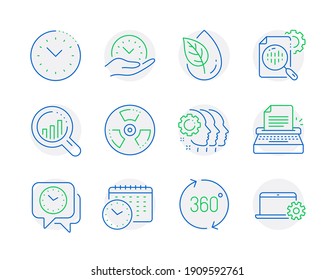Science icons set. Included icon as Employees teamwork, Organic product, Seo analysis signs. 360 degrees, Safe time, Seo stats symbols. Calendar time, Typewriter, Chemical hazard. Clock. Vector