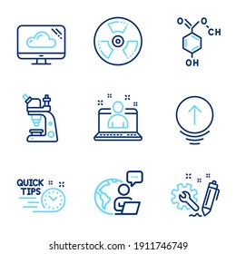 Science Icons Set. Included Icon As Microscope, Best Manager, Swipe Up Signs. Quick Tips, Engineering, Chemical Hazard Symbols. Cloud Storage, Chemical Formula Line Icons. Line Icons Set. Vector