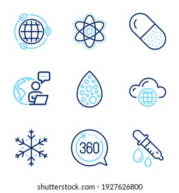 Science icons set. Included icon as Cloud computing, Snowflake, Chemistry pipette signs. Chemistry atom, 360 degrees, Artificial colors symbols. Eco energy, Capsule pill line icons. Vector