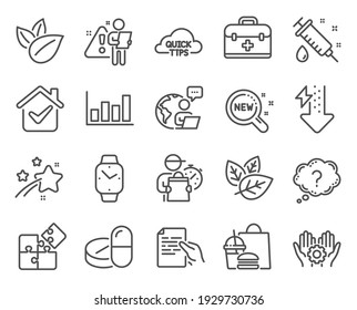Science icons set. Included icon as Hold document, Quick tips, Medical syringe signs. Smartwatch, Employee hand, Energy drops symbols. Report diagram, New products, Medical drugs. Puzzle. Vector