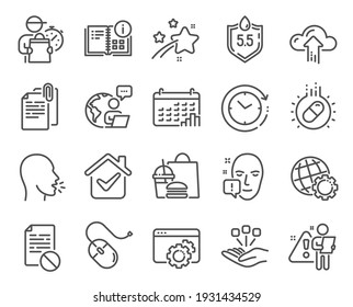 Science icons set. Included icon as Cough, Computer mouse, Capsule pill signs. Ph neutral, Wrong file, Time change symbols. Consolidation, Calendar graph, Face attention. Seo gear, Globe. Vector