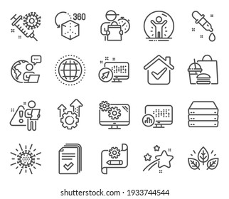 Science icons set. Included icon as Handout, Organic tested, Chemistry pipette signs. Seo gear, Report statistics, Cogwheel blueprint symbols. Globe, Web system, Coronavirus. Settings. Vector