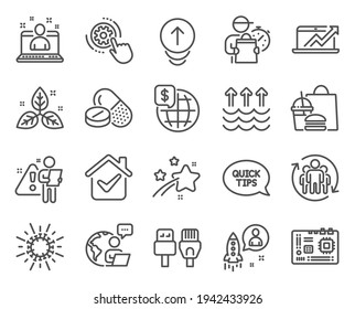 Science icons set. Included icon as Evaporation, Motherboard, Computer cables signs. Medical drugs, Fair trade, World money symbols. Cogwheel settings, Swipe up, Teamwork. Coronavirus. Vector