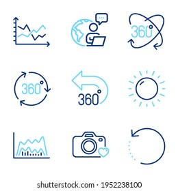 Science icons set. Included icon as Full rotation, 360 degrees, Sunny weather signs. 360 degree, Trade chart, Diagram chart symbols. Photo camera, Recovery data line icons. Line icons set. Vector