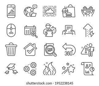 Science Icons Set. Included Icon As Check Article, Receive File, Report Signs. 360 Degrees, Swipe Up, Energy Growing Symbols. Fair Trade, Graph Phone, Throw Hats. Trash Bin, Cloud System. Vector