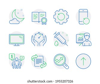 Science icons set. Included icon as Medical syringe, Night weather, Marketing signs. Recovery gear, Teamwork, Certificate symbols. Analytics, Presentation, Monitor. Timer, Recovery phone. Vector