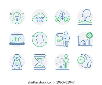 Science Icons Set. Included Icon As Quick Tips, Job Interview, Elastic Signs. Idea, Nurse, Graph Laptop Symbols. Stats, Time, Coronavirus Statistics. Organic Tested, Face Id Line Icons. Vector