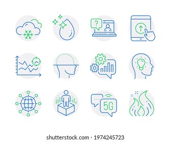 Science icons set. Included icon as Faq, International globe, Face scanning signs. Water drop, Seo analysis, Swipe up symbols. Idea head, Cogwheel, Augmented reality. 5g internet. Vector