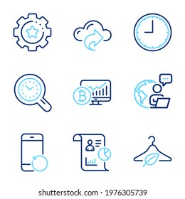 Science icons set. Included icon as Slow fashion, Time management, Report signs. Settings gear, Cloud share, Recovery phone symbols. Time, Bitcoin chart line icons. Line icons set. Vector