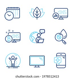 Science icons set. Included icon as Recovered person, Water analysis, Report statistics signs. Bitcoin system, Monitor, Calendar time symbols. Organic tested, Medical phone line icons. Vector