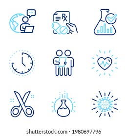 Science icons set. Included icon as Prescription drugs, Coronavirus, Time signs. Chemistry lab, Chemistry experiment, Survey symbols. Heartbeat, Scissors line icons. Pills, Infection. Vector