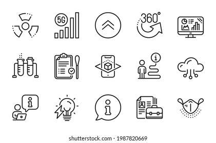 Science icons set. Included icon as Electricity bulb, Nasal test, Swipe up signs. Analytics graph, Augmented reality, 5g wifi symbols. 360 degrees, Chemical hazard, Medical mask. Vacancy. Vector