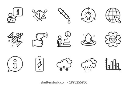 Science icons set. Included icon as Chemistry pipette, Cogwheel, Internet signs. Fuel energy, Snow weather, Diagram graph symbols. Idea, Chemistry dna, Battery charging. Medical mask. Vector