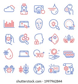 Science icons set. Included icon as 360 degrees, Recovery cloud, Unlock system signs. Cloudy weather, Swipe up, Medical mask symbols. Laptop, Full rotation, Face biometrics. Freezing water. Vector