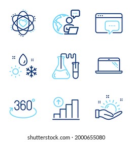 Science icons set. Included icon as Weather, Sunny weather, Atom signs. Graph chart, Seo message, Chemistry lab symbols. Full rotation, Laptop line icons. Climate, Hold sun. Line icons set. Vector