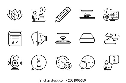 Science icons set. Included icon as Update time, 5g internet, Speaker signs. Vocabulary, Organic tested, Windy weather symbols. Medical analytics, Face id, Website education. Pencil. Vector