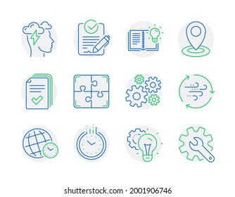 Science icons set. Included icon as Time zone, Time, Wind energy signs. Location, Handout, Idea gear symbols. Product knowledge, Rfp, Mindfulness stress. Cogwheel, Puzzle, Customisation. Vector