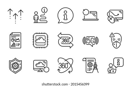 Science icons set. Included icon as Full rotation, Report document, Divider document signs. Coronavirus protection, Computer mouse, 5g wifi symbols. Recovery cloud, 360 degree, Swipe up. Vector