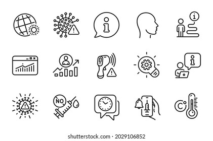 Science icons set. Included icon as Head, Coronavirus vaccine, Covid virus signs. Career ladder, World weather, Vaccine announcement symbols. Electronic thermometer, Website statistics. Vector