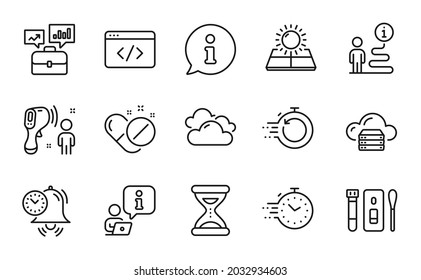 Science Icons Set. Included Icon As Sun Energy, Fast Recovery, Covid Test Signs. Time, Electronic Thermometer, Time Management Symbols. Medical Pills, Cloud Server, Cloudy Weather. Timer. Vector