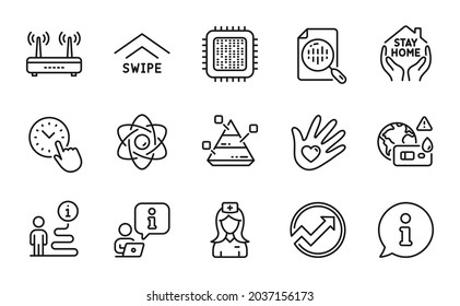 Science icons set. Included icon as Hospital nurse, Social responsibility, Pyramid chart signs. Time management, Audit, Swipe up symbols. Analytics chart, Cpu processor, Covid test. Wifi. Vector