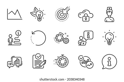 Science icons set. Included icon as Targeting, Cloud protection, Eco energy signs. Graph chart, Energy, Rfp symbols. Recovery data, Doctor, Gears. Seo timer, Line chart, Statistics. Vector