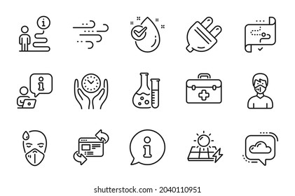 Science icons set. Included icon as Chemistry lab, First aid, Refresh website signs. Target path, Solar panels, Safe time symbols. Electric plug, Water drop, Medical mask. Windy weather. Vector