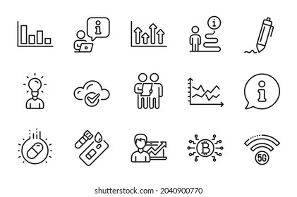 Science icons set. Included icon as Survey, Bitcoin system, Diagram chart signs. Upper arrows, Signature, Education symbols. 5g wifi, Success business, Covid test. Capsule pill, Histogram. Vector