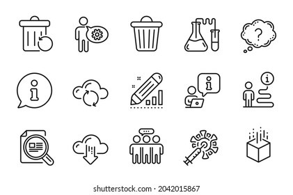 Science icons set. Included icon as Chemistry lab, Check article, Recovery trash signs. Cogwheel, Augmented reality, Edit statistics symbols. Cloud sync, Trash bin, Coronavirus vaccine. Vector