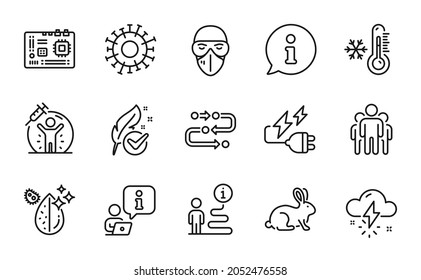 Science icons set. Included icon as Group, Hypoallergenic tested, Thunderstorm weather signs. Dirty water, Electricity plug, Medical mask symbols. Coronavirus, Vaccine protection. Vector