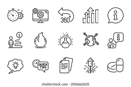 Science icons set. Included icon as Analysis graph, Energy, Documents signs. Cogwheel timer, Fireworks, Settings symbols. Quick tips, Fire energy, 360 degrees. Medical drugs line icons. Vector