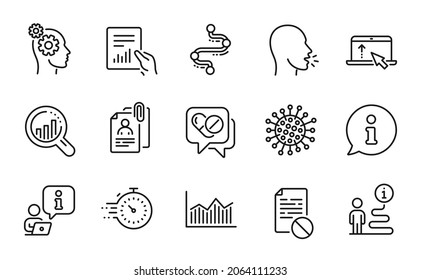 Science icons set. Included icon as Coronavirus, Timer, Medical drugs signs. Cough, Timeline, Thoughts symbols. Seo analysis, Swipe up, Money diagram. Document, Interview documents. Vector