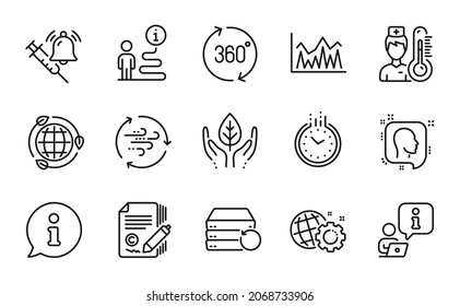 Science icons set. Included icon as 360 degrees, Investment, Wind energy signs. Fair trade, Copywriting, Time symbols. Vaccine announcement, Seo gear, Head. Eco energy, Recovery server. Vector