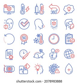 Science icons set. Included icon as Idea, Recovery data, 5g technology signs. World weather, Energy, Cough symbols. Freezing, Medical prescription, Face protection. Animal tested, Gpu. Vector