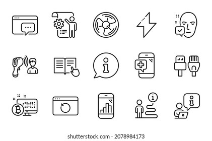 Science icons set. Included icon as Recovery internet, Face accepted, Air fan signs. Settings blueprint, Read instruction, Bitcoin system symbols. Medical phone, Energy, Computer cables. Vector