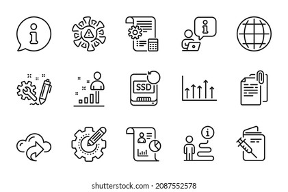 Science icons set. Included icon as Vaccination passport, Report, Globe signs. Engineering, Recovery ssd, Document attachment symbols. Settings blueprint, Growth chart, Settings gear. Vector