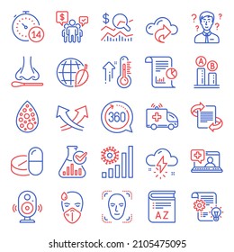 Science icons set. Included icon as Artificial colors, Cloud share, High thermometer signs. Speaker, 360 degrees, Check investment symbols. Sick man, Marketing, Medical help. Quarantine. Vector