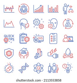 Science icons set. Included icon as Time management, Chemistry experiment, Atom core signs. Coronavirus, Coronavirus report, Graph chart symbols. Chemistry dna, Medical vaccination, Work. Vector