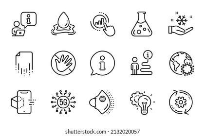 Science icons set. Included icon as Freezing, Augmented reality, 5g technology signs. Coronavirus, Idea gear, Do not touch symbols. Medical mask, Chemistry lab, Water splash. Graph chart. Vector