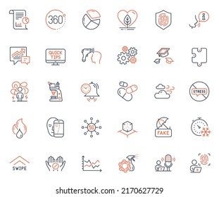 Science icons set. Included icon as Microscope, Fake news and Puzzle web elements. 5g technology, Time management, Throw hats icons. Freezing timer, Swipe up, Fingerprint web signs. Vector