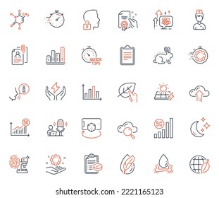 Science icons set. Included icon as Cloud computing, Animal tested and 5g statistics web elements. Augmented reality, Unlock system, Timer icons. Solar panels, Interview documents. Vector