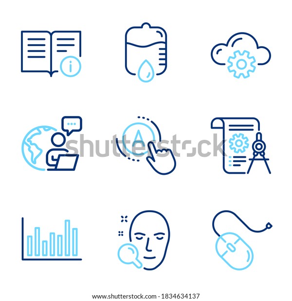 Science\
icons set. Included icon as Computer mouse, Drop counter, Cloud\
computing signs. Face search, Divider document, Ab testing symbols.\
Bar diagram, Technical info line icons.\
Vector