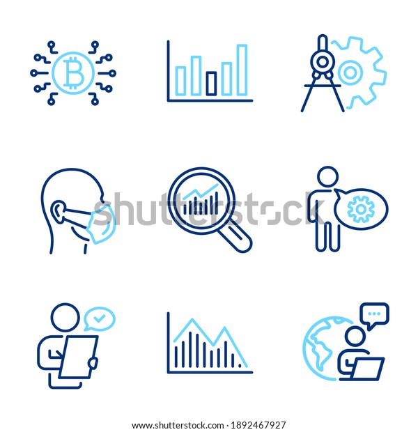 Science\
icons set. Included icon as Column chart, Data analysis, Customer\
survey signs. Cogwheel dividers, Bitcoin system, Cogwheel symbols.\
Medical mask, Investment graph line icons.\
Vector
