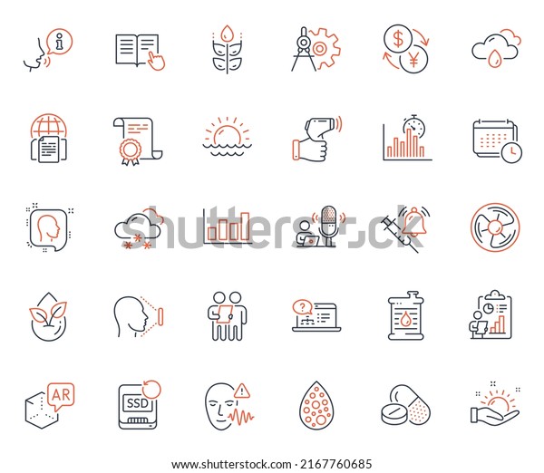 Science icons set. Included icon as Electronic\
thermometer, Air fan and Rainy weather web elements. Face id,\
Report timer, Report diagram icons. Vaccine announcement, Organic\
product. Vector