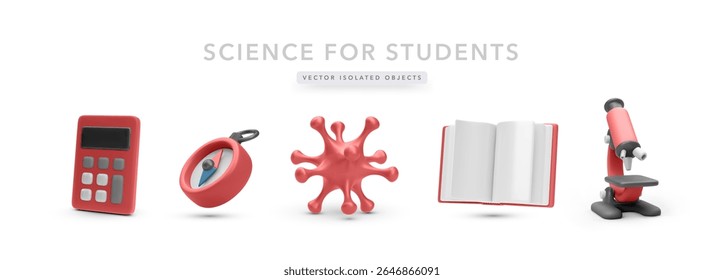 Science Icons Set Including Calculator, Compass, Virus Cell, Open Book, And Microscope In Colorful 3D Cartoon Style. Great For Student Education And STEM Topics. Vector Illustration.
