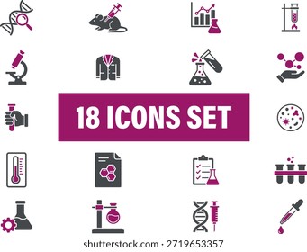 Conjunto de ícones de ciência. Incluindo Laboratório, Pesquisa, DNA, experimento, pesquisa, descoberta, inovação 
e muito mais. conjunto de ícones de vetor sólido